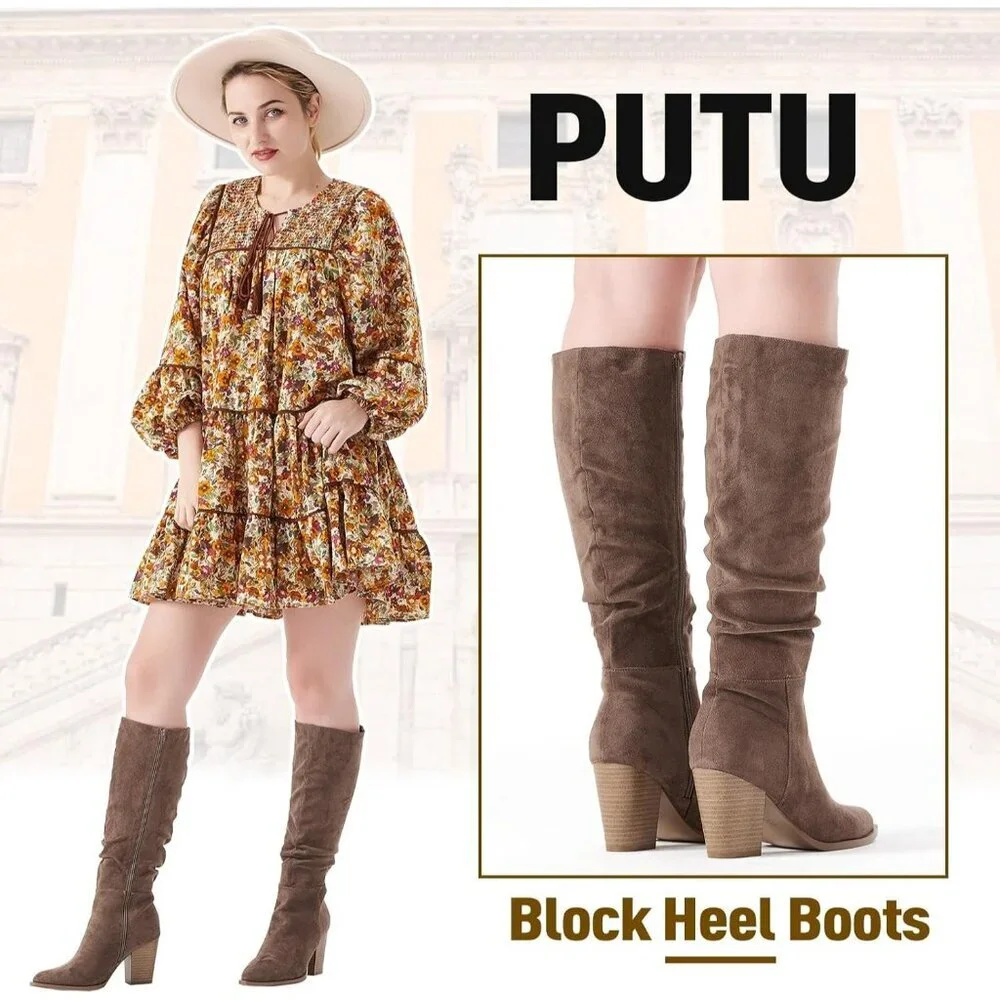 Women's Khaki Pointed Toe Faux Suede Slouch Chunky Heel Knee High Boots